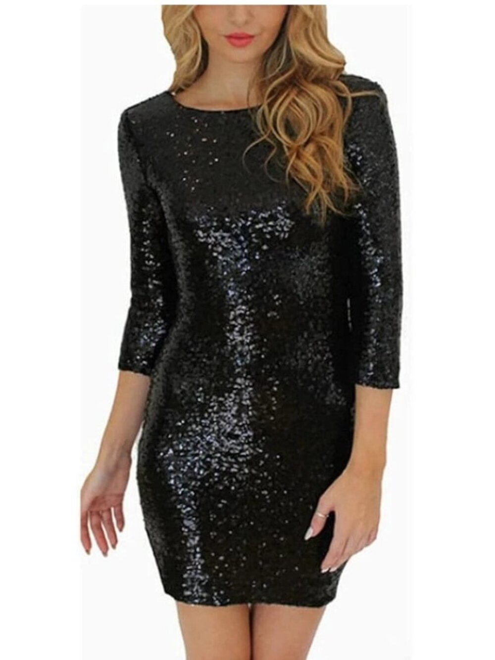 MIMI CHICA Black sequin Sequined Low Back MINI Wiggle bodycon Dress *SMALL*